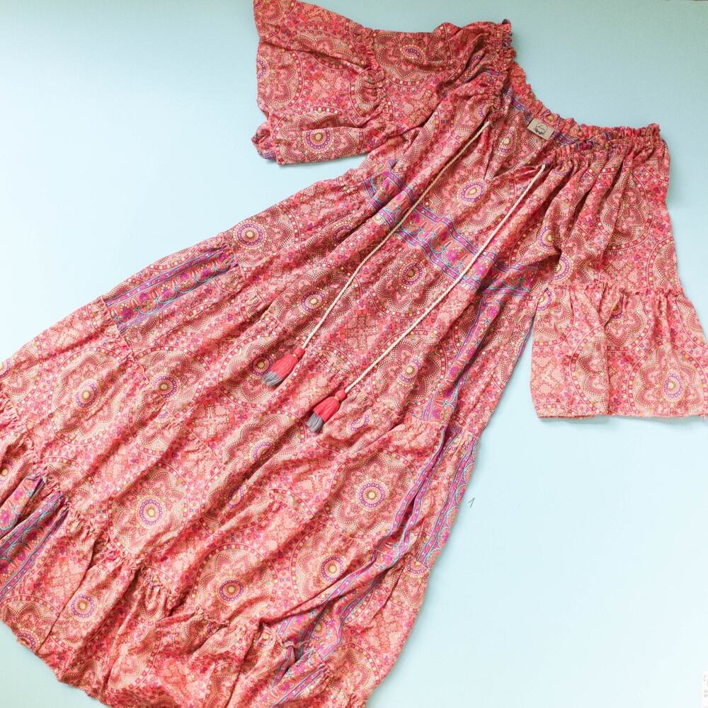 Luisa Vintage Silk Boho Mandala Print Off Shoulder Maxi Dress Size L Modest